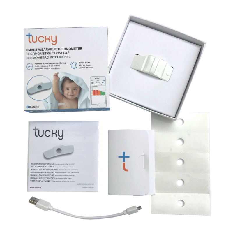 Tucky - kaj vsebuje paket: Tucky, kabel za polnjenje, dvostransko lepilo.